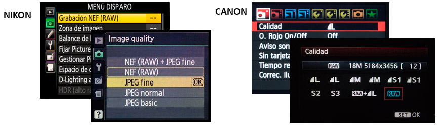 Menús cámaras, configuración Raw