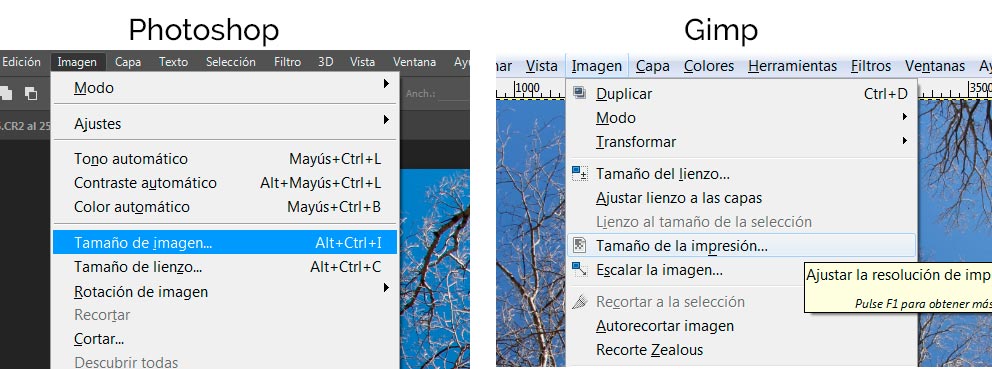 Photoshop y Gimp: opciones para establecer tamaño de impresión