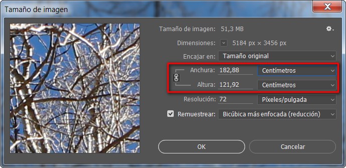 Photoshop: ventana tamaño imagen, unidades medida