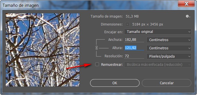 Photoshop: ventana tamaño imagen, desmarcar Remuestreo