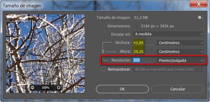 Photoshop: ventana tamaño imagen, cambio resolución