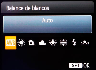 Menú cámara fotográfica, balance de blancos