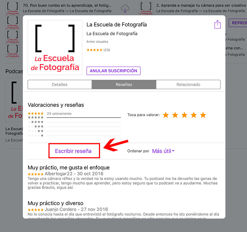 Dejar reseña en iphone e ipad, Podcasts, elegir Escribir reseña