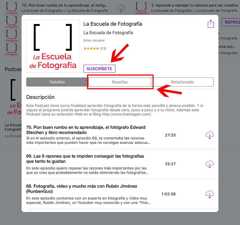 Dejar reseña en iphone e ipad, Podcasts, suscribirse y pinchar en Reseñas