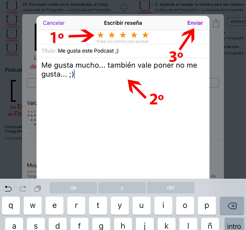 Dejar reseña en iphone e ipad, Podcasts, escribir reseña y enviar