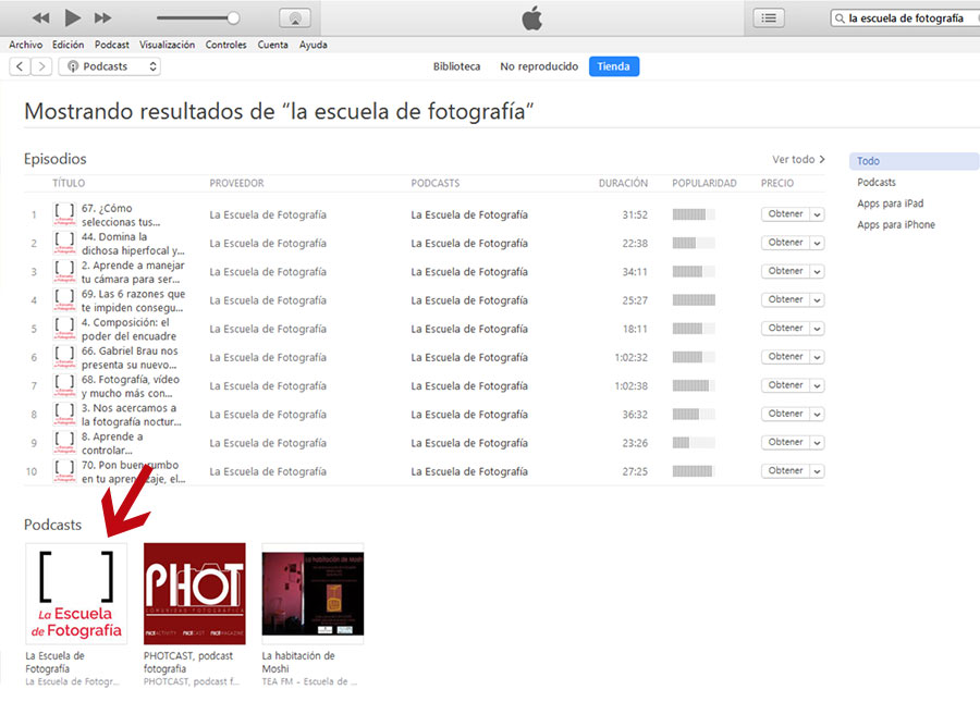 Dejar reseña en iTunes, elegir el podcasts