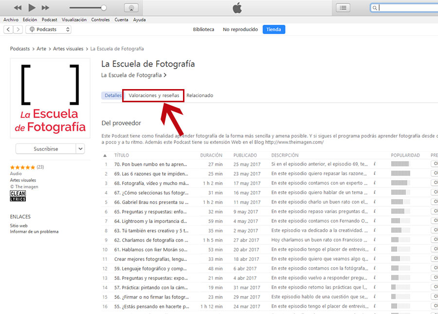 Dejar reseña en iTunes, pestaña de Valoraciones y Reseñas