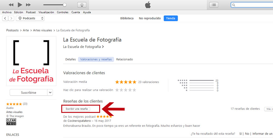 Dejar reseña en iTunes, botón Escribir una reseña