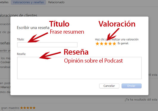 Dejar reseña en iTunes, ventana nueva reseña