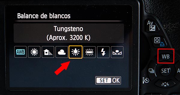 Configuración balance de blancos cálido en la cámara