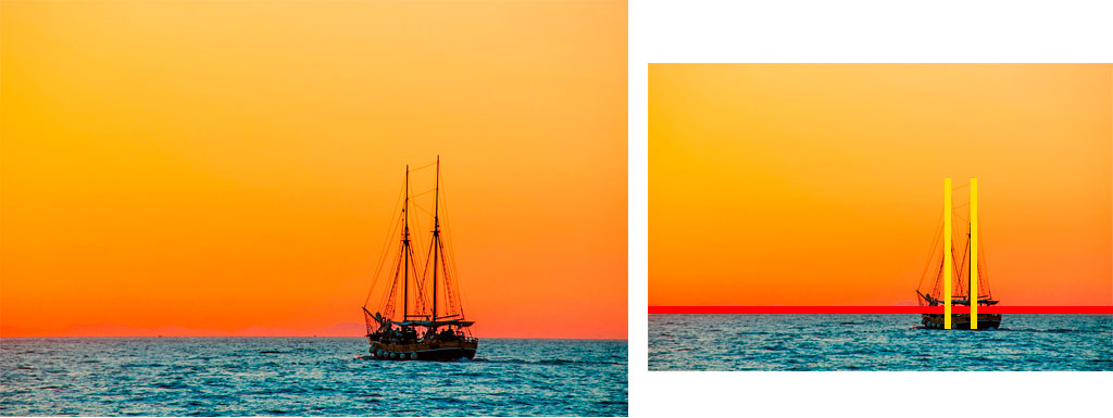 Fotografía barco con varias líneas veticales y una horizontal