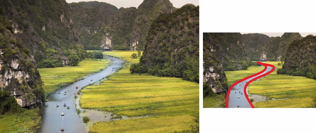 Fotografía de un río, con líneas curvas